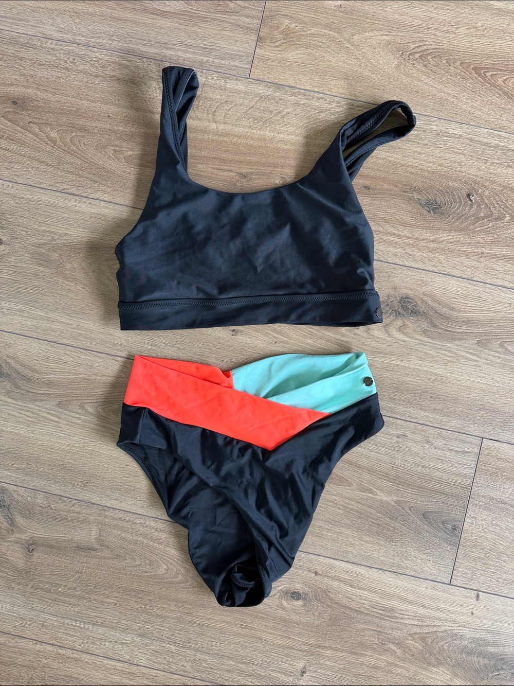 ZYIA Black Bikini Set with Coral and Aqua Accents